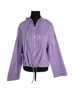 NWT | OLRAIN Purple Plaid Hooded Button-Down Shirt | Drawstring | S